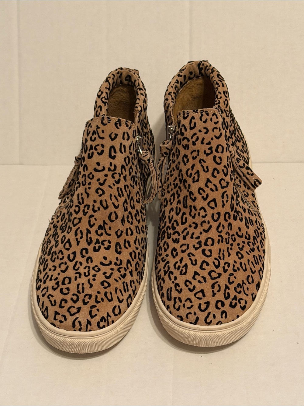 Gianni Bini Leopard Print Slip-On Sneakers - Tan & Black with Zipper and Tassels